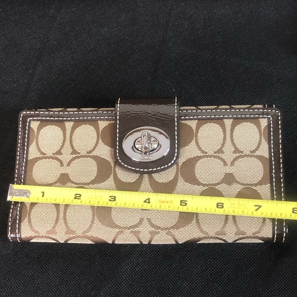 COACH Brown Monogram Silver Twist Lock Bifold Wallet with Contrasting Stitch - Picture 10 of 17